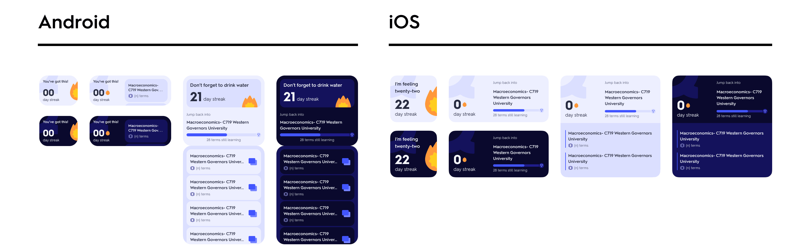 The finished widget family across sizes, light and dark, Android on the left and iOS on the right