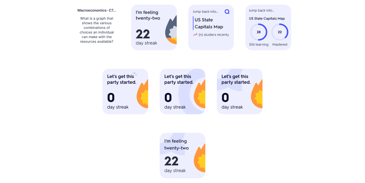 Early small-size widget explorations: a flashcard question, a streak count with a flame, a Jump back into set, and two progress rings