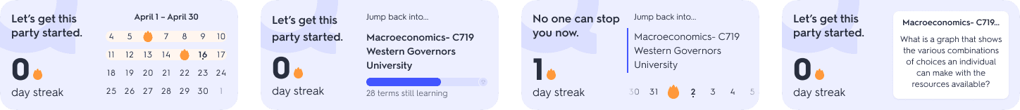 Medium-size widget explorations under Material Design 3: a month calendar of flames, the set with a progress bar, a week strip, and a flashcard