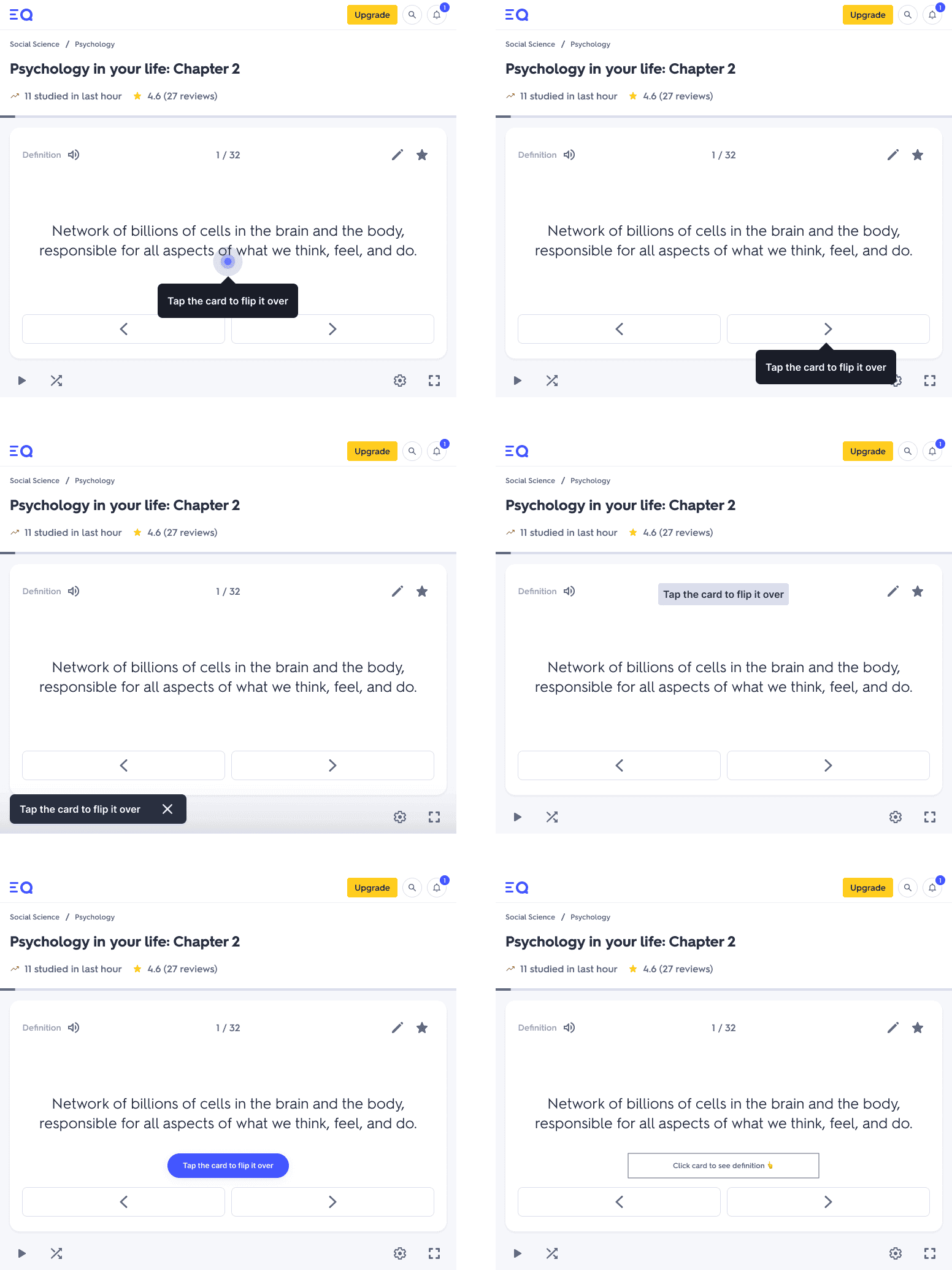 Six placements of the onboarding line: a tooltip on the card, a tooltip on the arrow, a toast, a chip above the term, a button, and an outlined label
