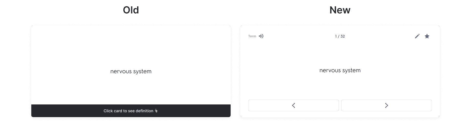 Study Preview with its dark footer reading Click card to see definition, beside the new Mini Flashcards card with only two arrow buttons