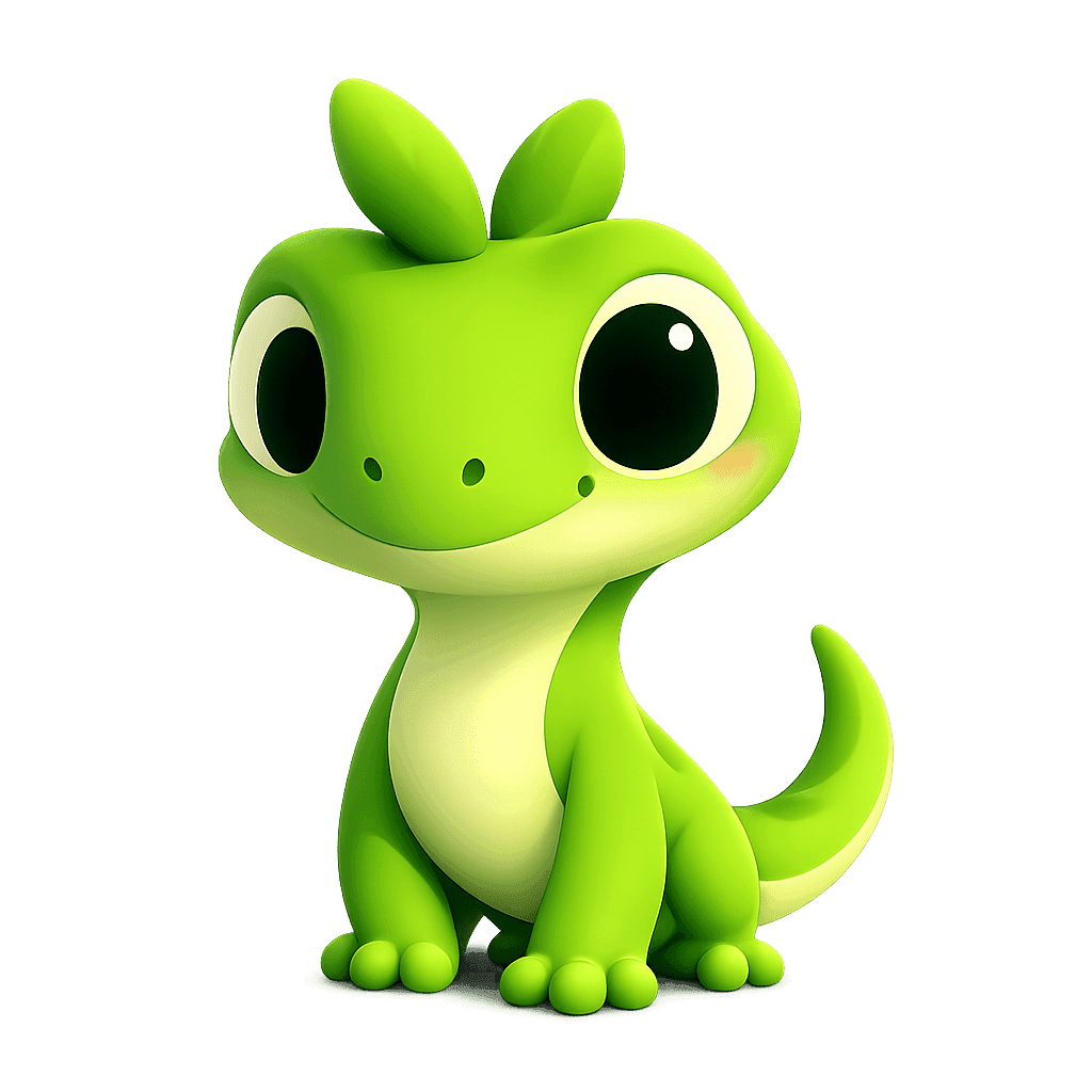 The Phloe mascot, a small green gecko with leaf-shaped crests, waving.