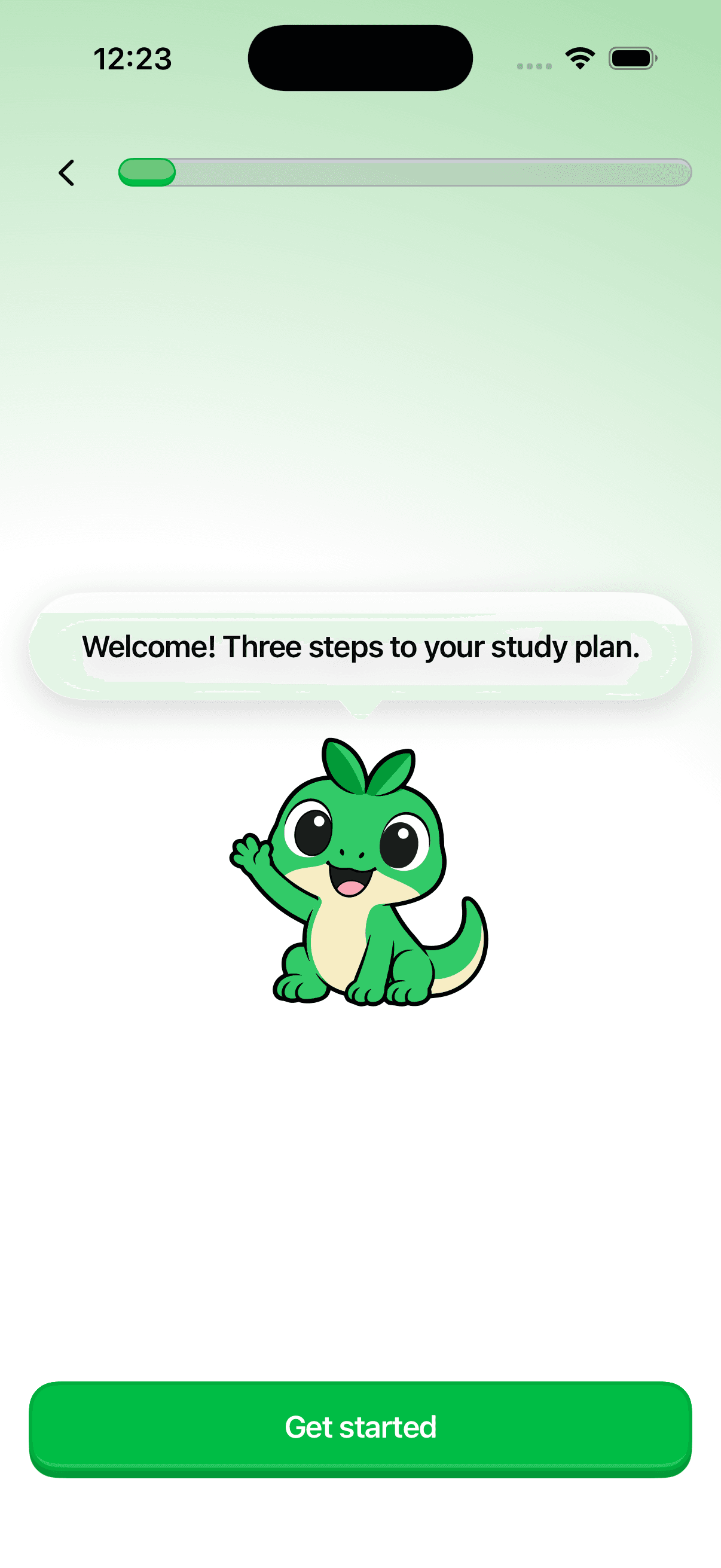 Onboarding welcome screen with the mascot waving and a speech bubble reading Welcome! Three steps to your study plan.
