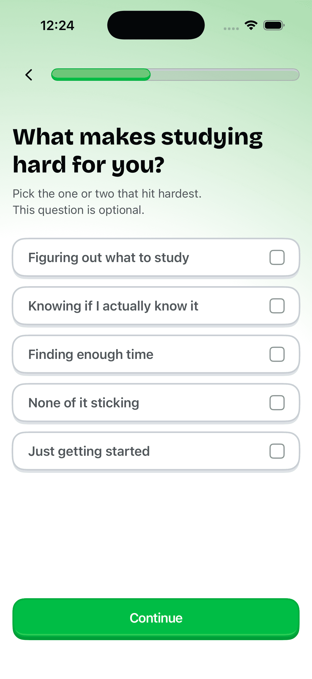 Onboarding screen asking What makes studying hard for you, with five options including Knowing if I actually know it.