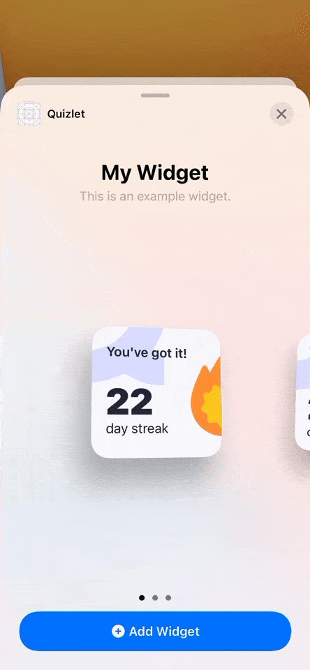 The iOS widget gallery paging through the small, medium and large sizes: a streak count on the left, a recent set on the right