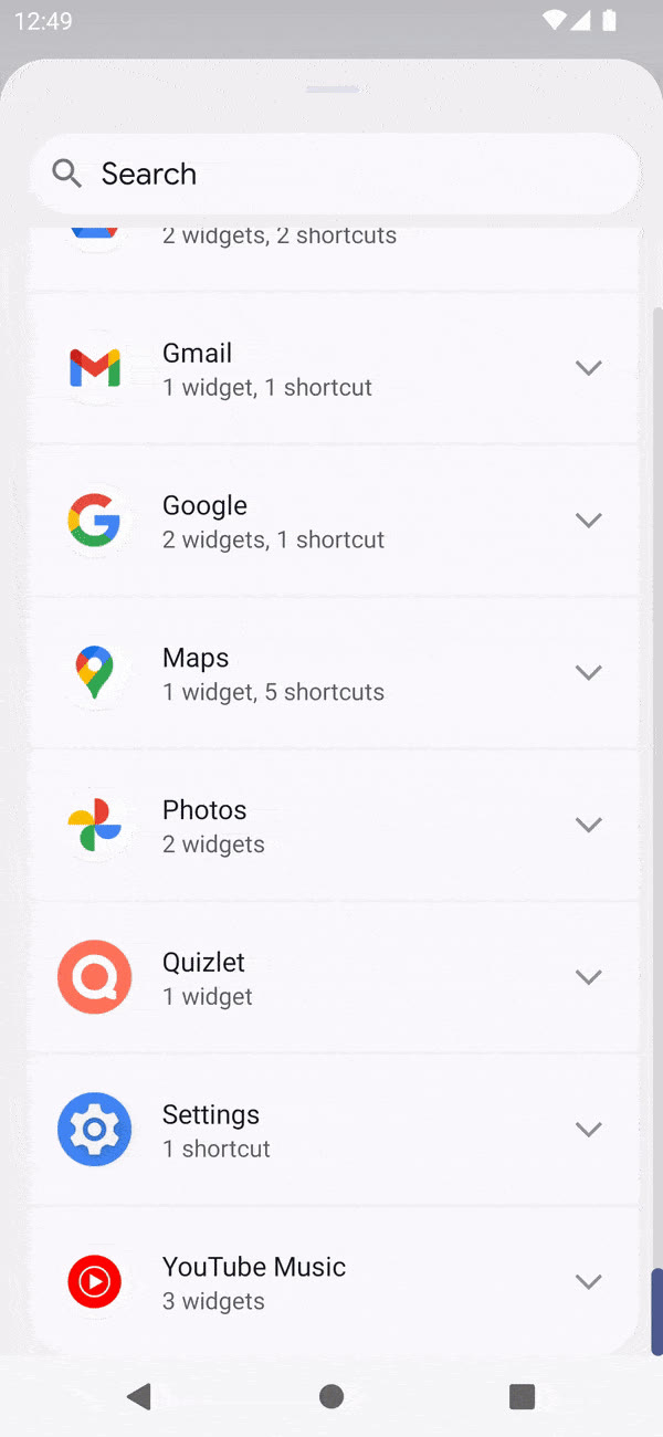 Android’s widget picker: the Quizlet Streak Tracker widget dragged onto a home screen