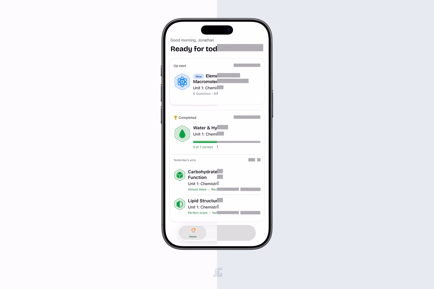 An iPhone showing a study app’s home screen, split down the middle: finished interface on the left, flat gray placeholder blocks on the right