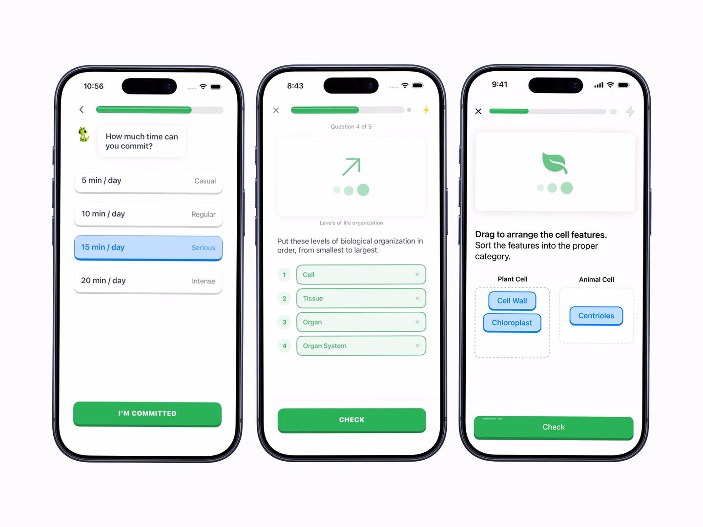The first prototype of a biology study app, on three iPhones: an onboarding question, How much time can you commit?, with options from 5 to 20 minutes a day; a question asking to put levels of biological organization in order, from cell to organ system; and a drag-to-sort exercise placing cell wall, chloroplast and centrioles into plant and animal cells