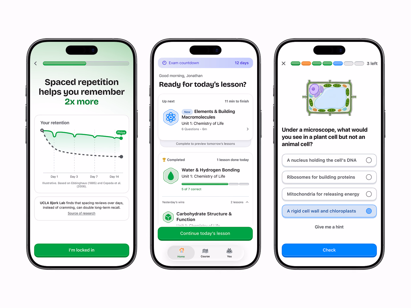 V2 of a biology study app, on three iPhones: an onboarding screen headed Spaced repetition helps you remember 2x more, with a retention chart; the home screen, Ready for today’s lesson?, with an exam countdown, the next lesson and yesterday’s wins; and a question asking what you would see under a microscope in a plant cell but not an animal cell