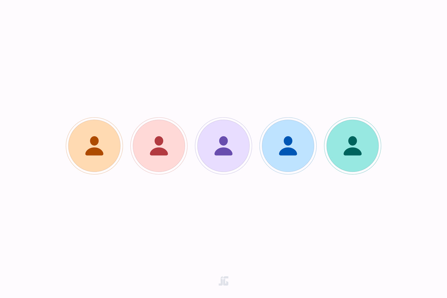 Five round avatars in a row, each a simple person icon inside a thin outer ring, in its own color: orange, red, purple, blue and green